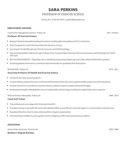 Professor Of Exercise Science Resume