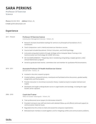Professor Of Exercise Science Resume