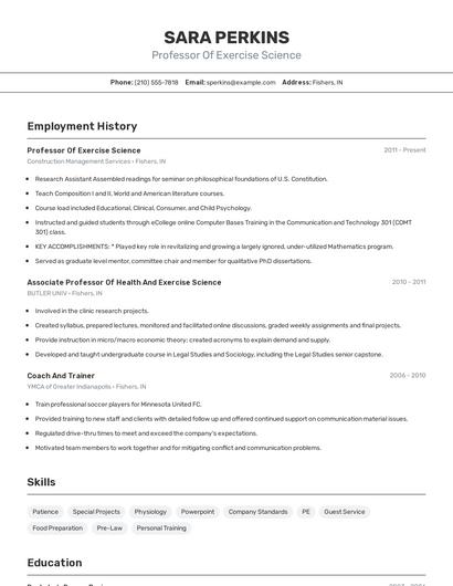 Professor Of Exercise Science Resume