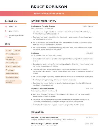 Professor Of Exercise Science Resume