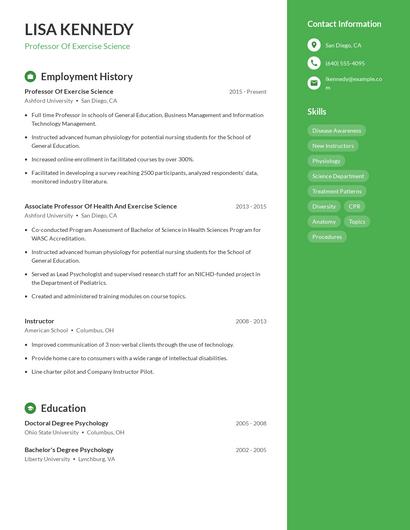 Professor Of Exercise Science Resume