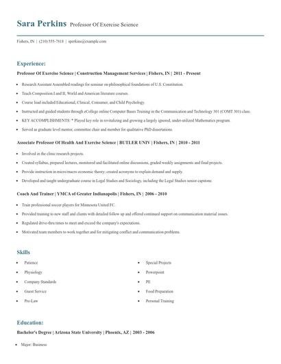Professor Of Exercise Science Resume