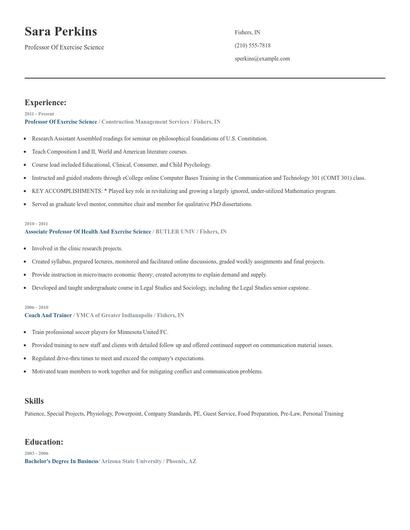 Professor Of Exercise Science Resume