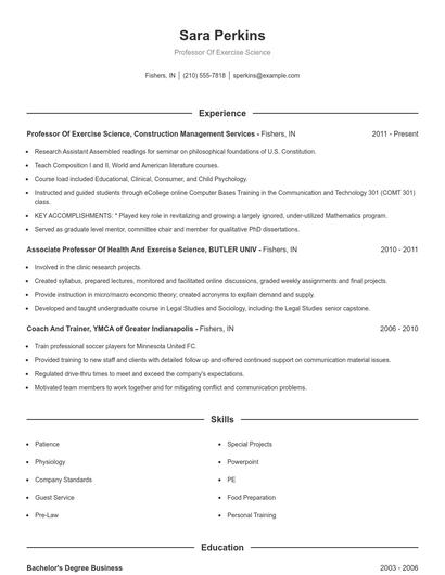 Professor Of Exercise Science Resume