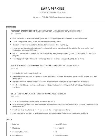 Professor Of Exercise Science Resume