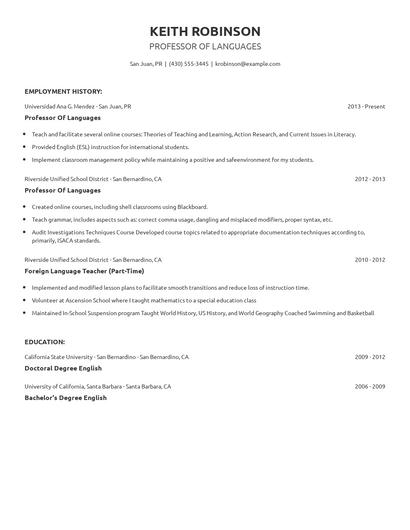 Professor Of Languages Resume