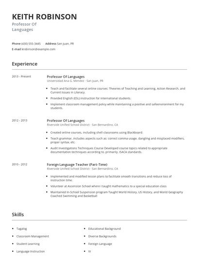 Professor Of Languages Resume