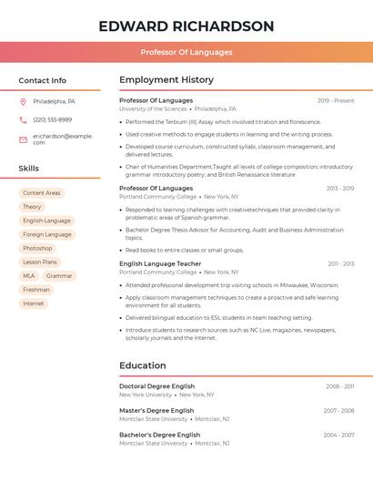 Professor Of Languages Resume