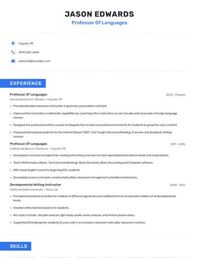 Professor Of Languages Resume