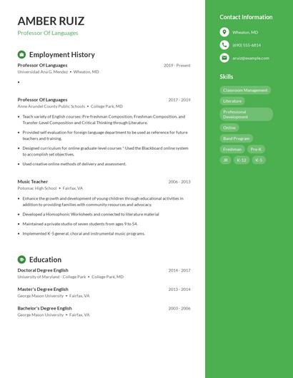 Professor Of Languages Resume
