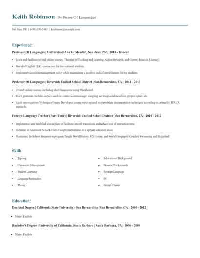 Professor Of Languages Resume