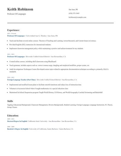 Professor Of Languages Resume