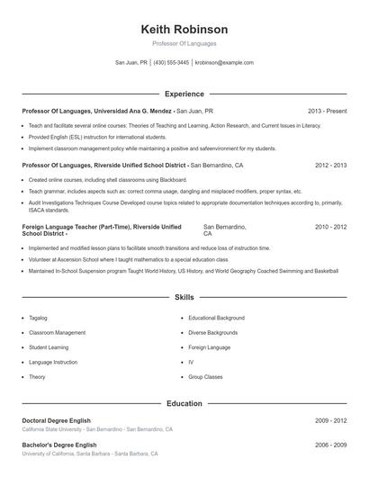 Professor Of Languages Resume