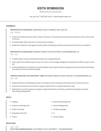 Professor Of Languages Resume