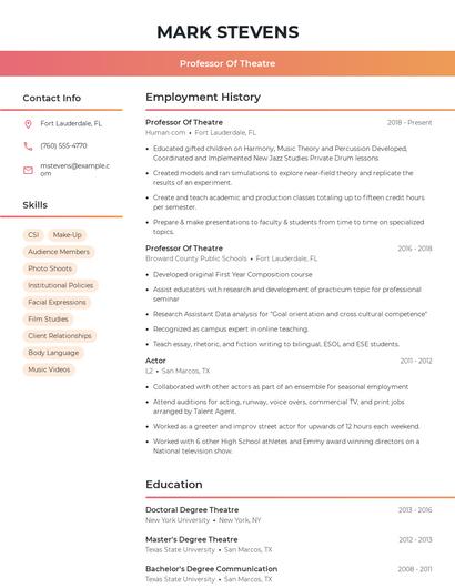 Professor Of Theatre Resume