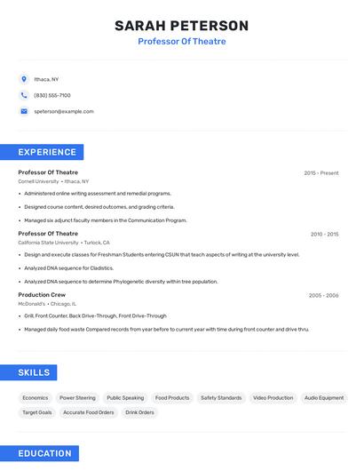 Professor Of Theatre Resume