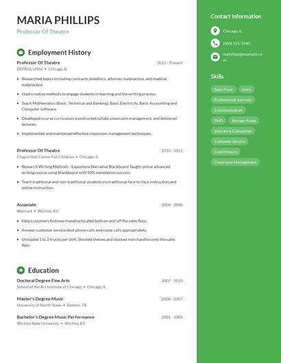 Professor Of Theatre Resume