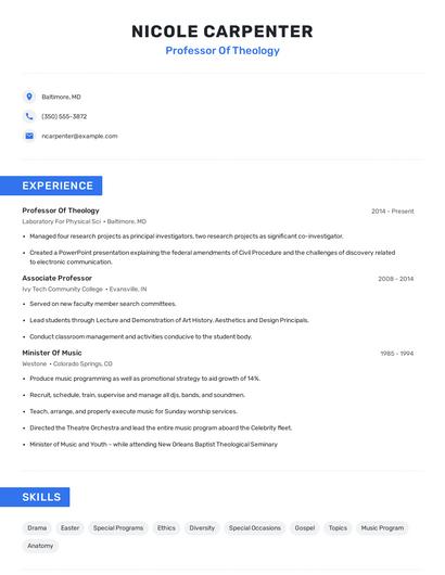 Professor Of Theology Resume