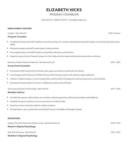 Program Counselor Resume