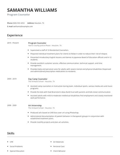 Program Counselor Resume