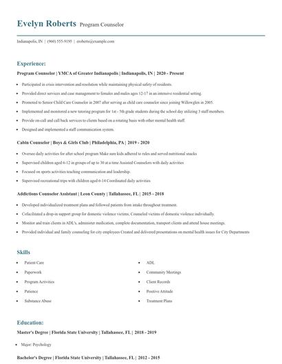 Program Counselor Resume