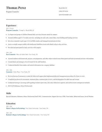 Program Counselor Resume