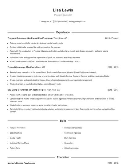 Program Counselor Resume