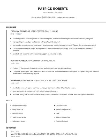Program Counselor Resume