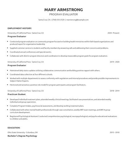 Program Evaluator Resume