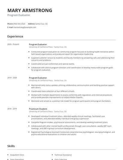 Program Evaluator Resume