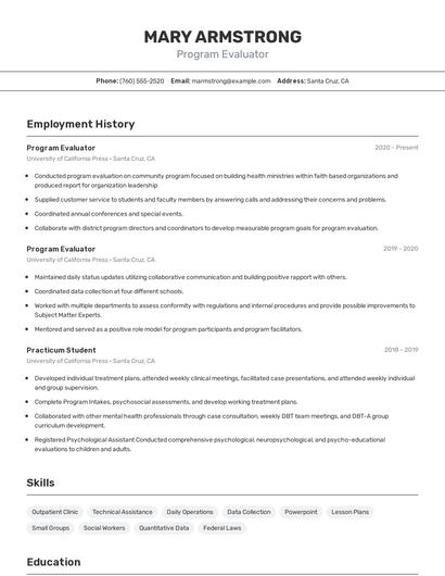 Program Evaluator Resume