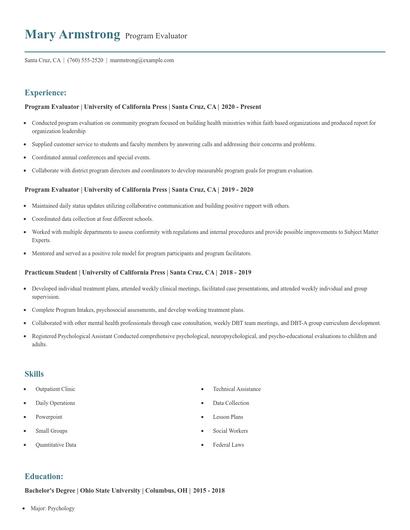Program Evaluator Resume