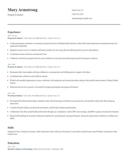 Program Evaluator Resume