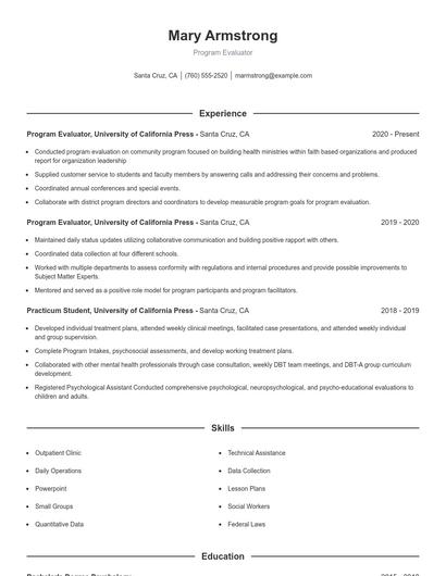 Program Evaluator Resume