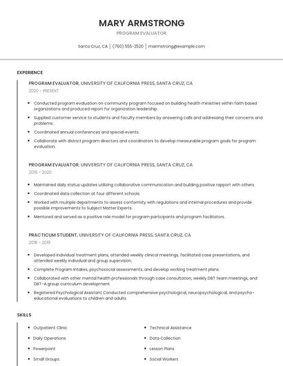 Program Evaluator Resume