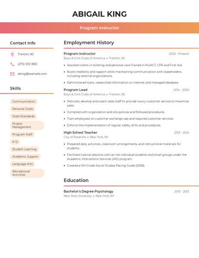 Program Instructor Resume