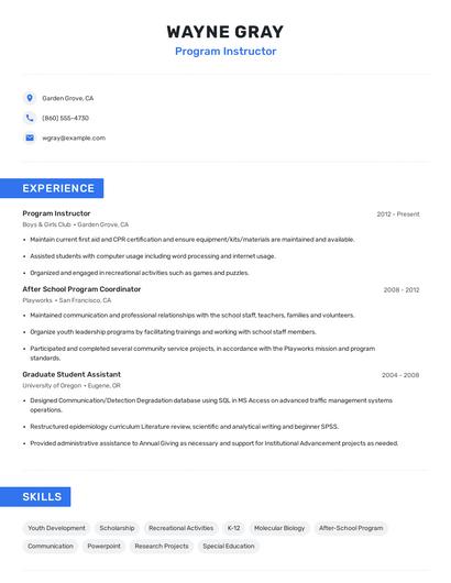 Program Instructor Resume
