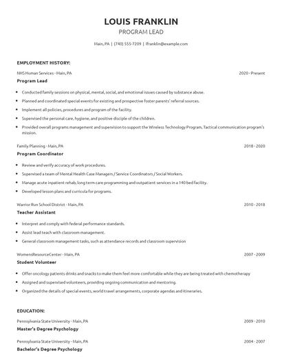 Program Lead Resume