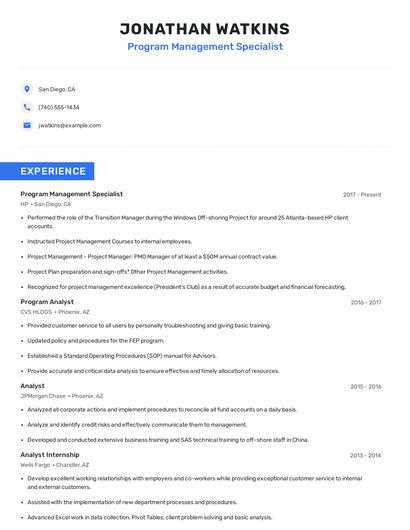 Program Management Specialist Resume