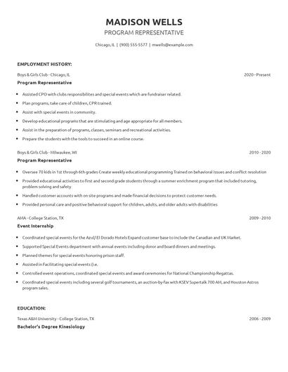 Program Representative Resume