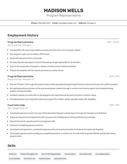 Program Representative Resume