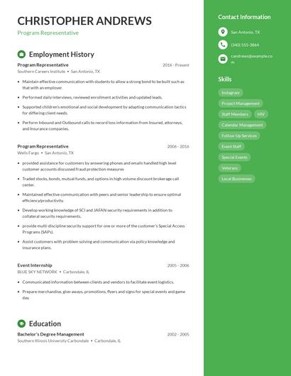 Program Representative Resume