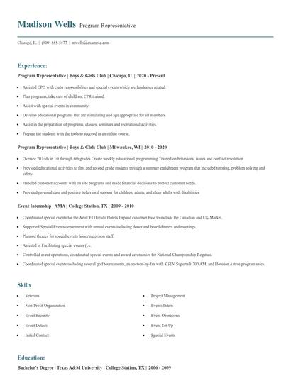 Program Representative Resume