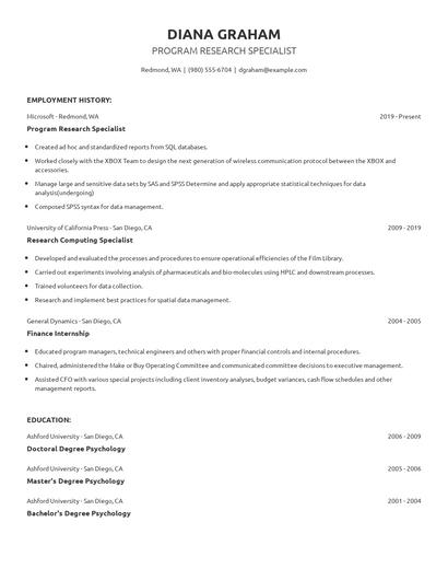 Program Research Specialist Resume