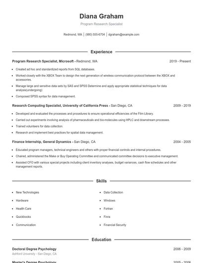 Program Research Specialist Resume