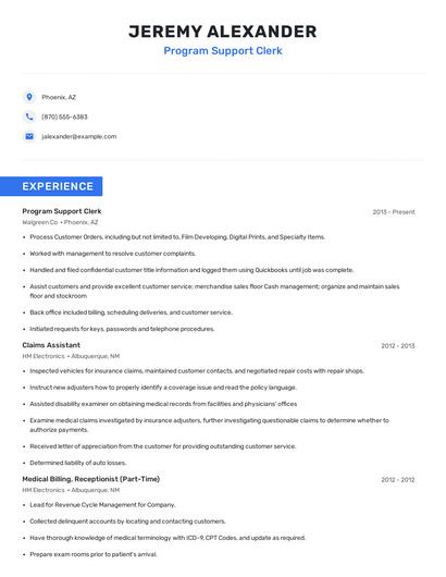 Program Support Clerk Resume