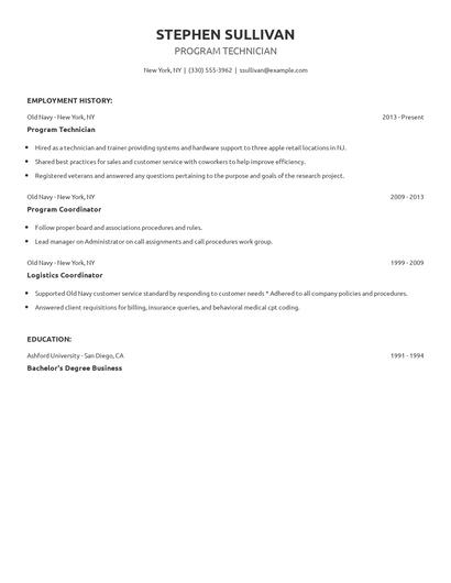 Program Technician Resume