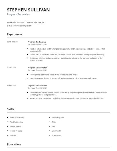 Program Technician Resume