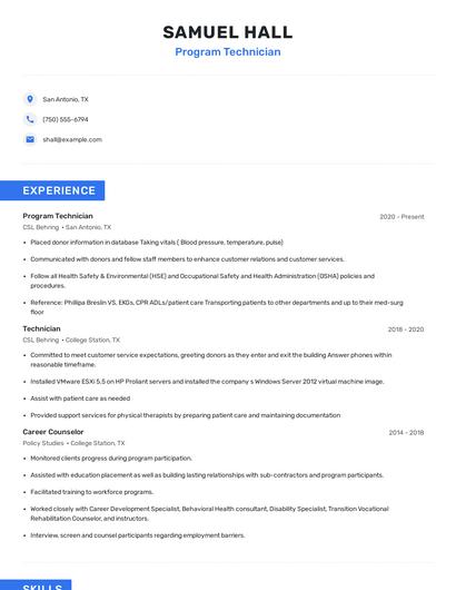 Program Technician Resume