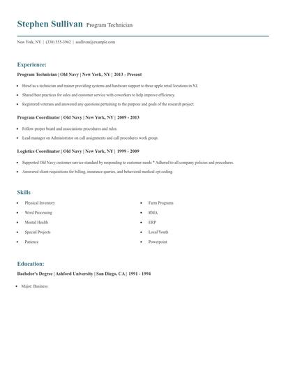 Program Technician Resume